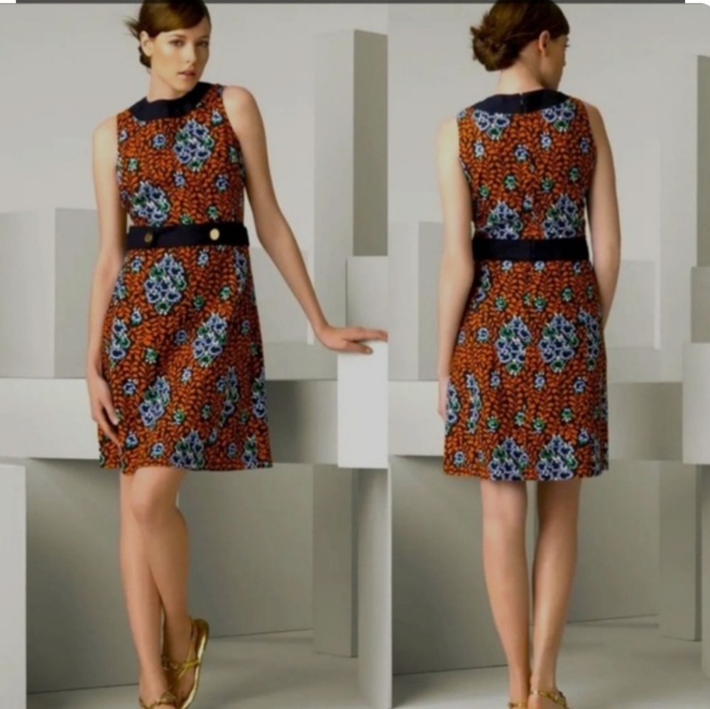 Tory Burch | Navy and Orange Printed Linen Dress Sz 6